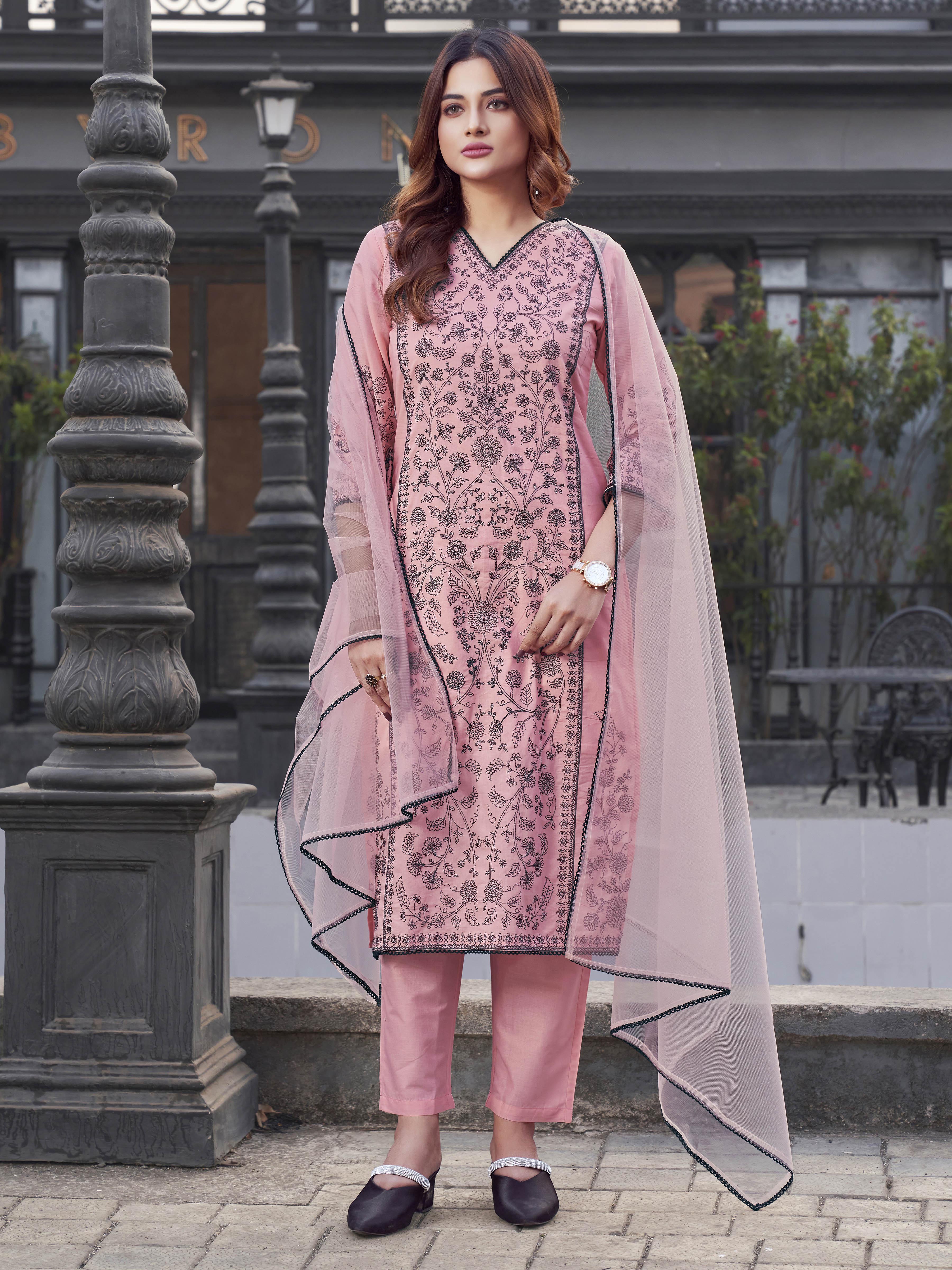 Baby Pink Cotton With All Over Thread Work Kurta Set